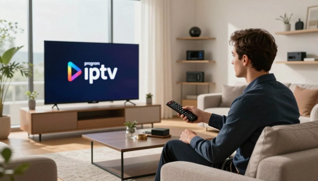 A contemporary living room scene, softly illuminated by natural light streaming through large windows, featuring a sleek television displaying the logo of "program iptv" prominently on the screen. In the foreground, a professional individual dressed in smart casual attire is seated on a stylish couch, holding a remote and appearing focused on the content. The middle ground includes a coffee table with modern décor items, while the background showcases minimalist shelves adorned with tech gadgets relevant to IPTV services. The overall atmosphere should convey a sense of security and professionalism, reflecting the theme of safety and legality in IPTV services in Belgium. Use warm colors and a cozy setting to evoke comfort and trust.