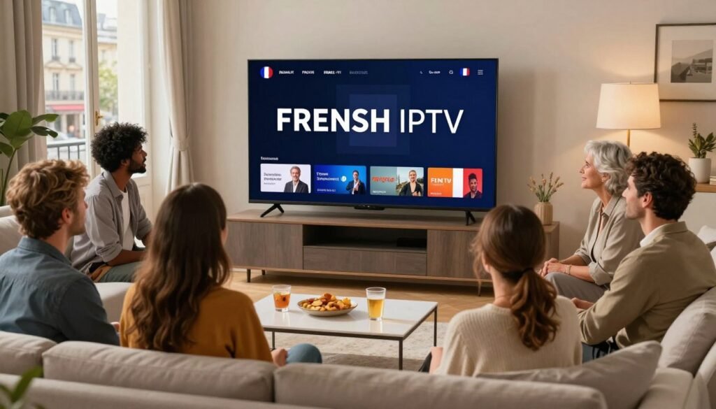 A cozy living room setting featuring a modern flat-screen television displaying various French TV channels. In the foreground, a diverse group of individuals in smart casual attire, including a middle-aged man, a young woman, and an older couple, are seated comfortably on a stylish sofa, visibly engaged and satisfied as they watch programs together. Soft, warm lighting creates an inviting atmosphere, with a window in the background letting in natural light, showing a scenic view of a Parisian street. The middle ground includes a sleek coffee table with snacks and drinks, and subtle décor reflecting French culture. Prominently displayed on the television screen are the words "FRENSH IPTV" in a sleek, modern font, conveying the theme of reliable French IPTV service. The overall mood is cheerful and welcoming, illustrating user satisfaction and community connection.