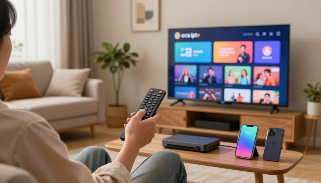 A cozy living room setting showcasing a modern television displaying the "orca iptv" interface prominently, with colorful icons representing various streaming options. In the foreground, a person in smart casual attire is holding a remote control and pointing it at the screen, embodying a sense of ease and accessibility. The middle ground features sleek technology like a set-top box and various devices, such as a tablet and smartphone, all connected to the IPTV system. The background is warm and inviting, with a comfortable couch, soft lighting, and decorative elements like plants and wall art. The scene is well-lit, with natural light filtering in from a window, creating a relaxed and inviting atmosphere, focused on the theme of quick installation and user-friendly experience.