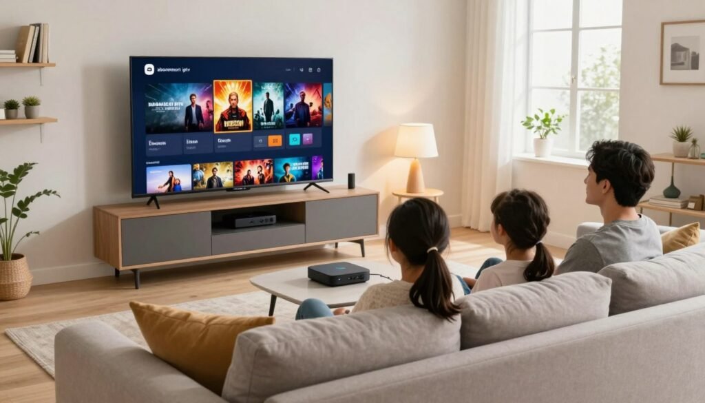 A cozy living room that showcases an optimized home streaming experience. In the foreground, a stylish, modern couch with plush cushions, where a family of three—dressed in casual, comfortable clothing—relaxes while watching a large flat-screen TV displaying various IPTV channels. The middle ground features a sleek entertainment center with neatly organized streaming devices and colorful movie posters. The bright, natural light from a nearby window creates a warm and inviting atmosphere, accentuated by soft ambient lighting from a table lamp. In the background, shelves hold books and personal items, adding a homely touch. Include subtle references to "abonnement iptv" in decorative elements, without text. Aim for a serene, family-friendly mood, focusing on enjoyment and connectivity.
