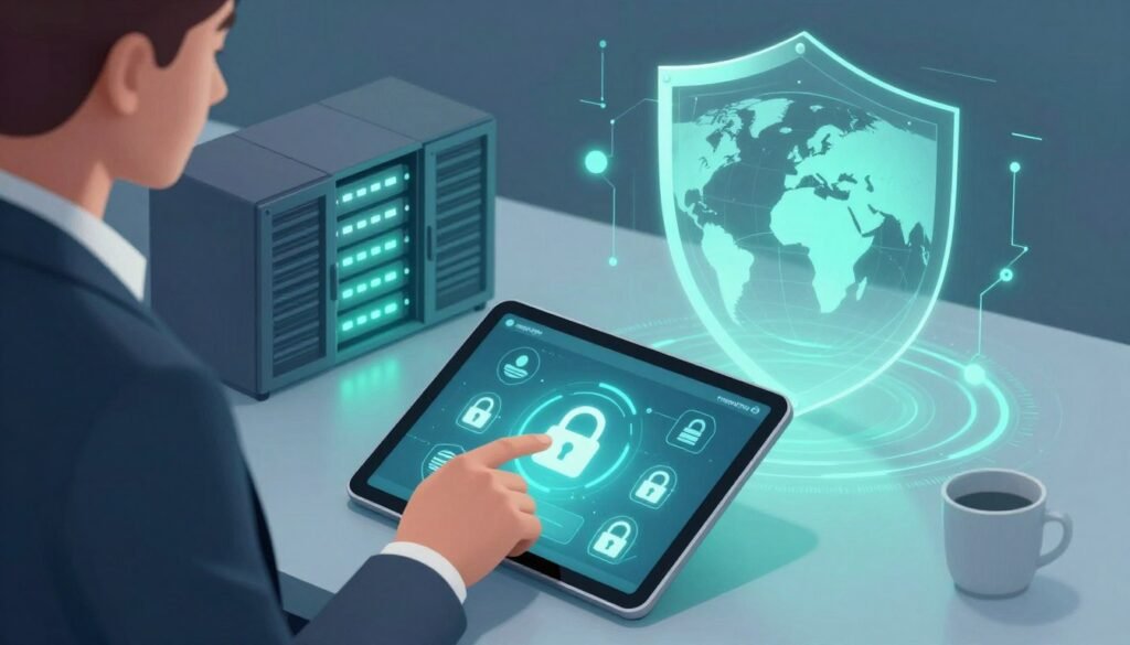 A digital illustration depicting the concept of data security and privacy for IPTV subscriptions, specifically for "rapid iptv". In the foreground, a professional businessperson in smart attire is interacting with a futuristic tablet, showcasing secure data encryption symbols and locks. The middle layer includes a sleek, modern server room with glowing LED indicators signifying active data protection measures. In the background, an abstract representation of a digital shield encasing a globe symbolizes international data privacy. Use soft blue and green lighting to convey a safe and trustworthy atmosphere. The camera angle is slightly tilted from above, giving a dynamic perspective, while maintaining a minimalistic and professional aesthetic throughout the composition, ensuring an engaging visual experience without any text or clutter.