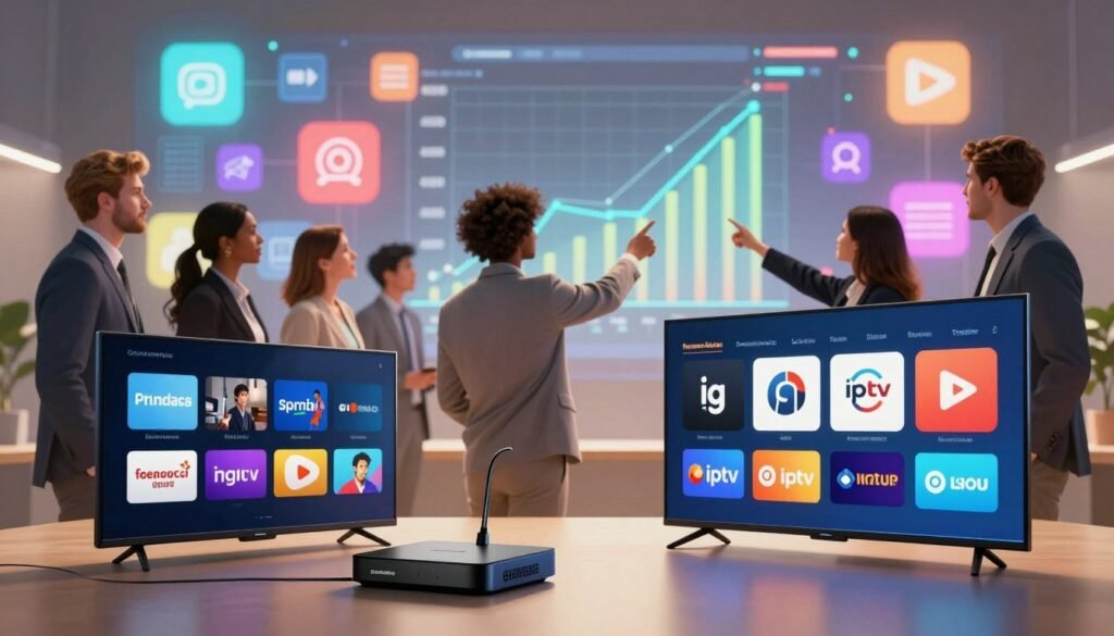 A dynamic and informative visualization comparing streaming services with ig iptv. In the foreground, display two sleek, modern devices, representing a streaming box and a smart TV, displaying analytics and icons for various streaming platforms. In the middle ground, illustrate a diverse group of professionals in business attire, engaged in discussion and analysis, pointing towards a vibrant graph that demonstrates viewer trends and subscriber numbers. The background features a digital landscape with colorful streaming icons and a soft glow, suggesting an energetic yet professional atmosphere. Soft, diffused lighting enhances clarity and focus, while a warm color palette adds a sense of approachability and engagement. Capture a sense of innovation and competition in the streaming landscape.