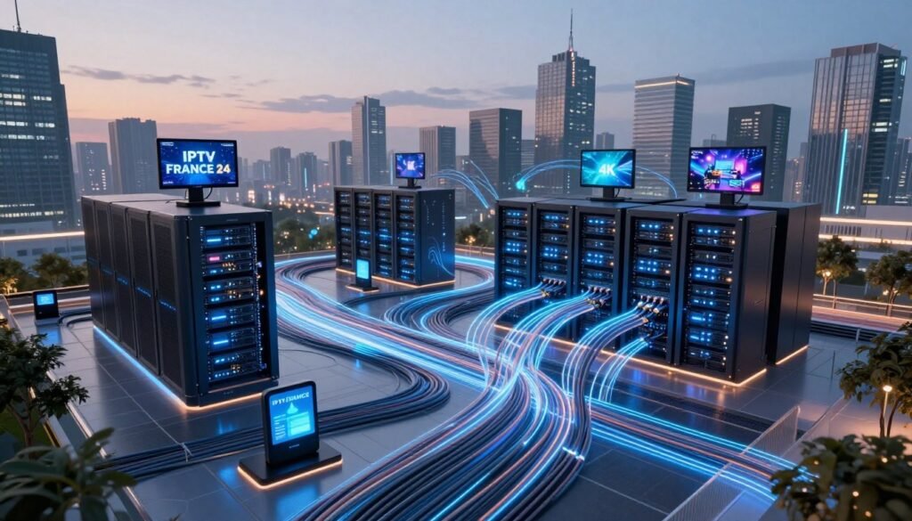 A futuristic cityscape showcasing advanced network infrastructures for 4K IPTV, featuring sleek, modern data centers and high-tech fiber optic networks. In the foreground, an array of glowing fiber cables intertwines with digital signage displaying "IPTV FRANCE 24". The middle ground features a state-of-the-art server facility with bright LED lights, while smart devices and screens show vibrant 4K content. The background includes a skyline of city buildings interconnected with lines representing data flow, set against a twilight sky. The atmosphere conveys innovation and optimism, illuminated by soft, ambient lighting that emphasizes the technology's advancement. The scene is captured from a slightly elevated angle to highlight the complexity and beauty of these infrastructures.