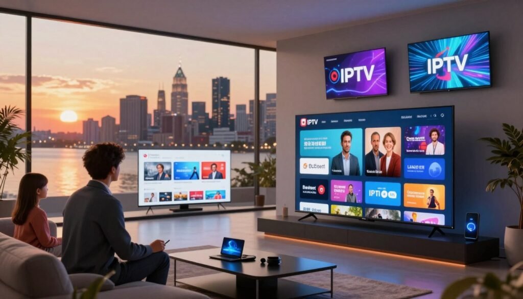 A futuristic landscape showcasing the evolution of IPTV in Quebec and Canadian digital television. In the foreground, a modern, sleek living room with a large, high-definition screen displaying vibrant digital content. A family in professional attire enjoys their IPTV subscription experience, surrounded by smart devices. The middle ground features stylized renderings of various digital platforms and UI elements, symbolizing a range of streaming options. In the background, a city skyline at sunset, with glowing digital billboards promoting innovative IPTV services. Soft, warm lighting enhances the cozy atmosphere, while sharp focus draws attention to significant details. The scene exudes a sense of connectivity, innovation, and the bright future of entertainment in Canada.