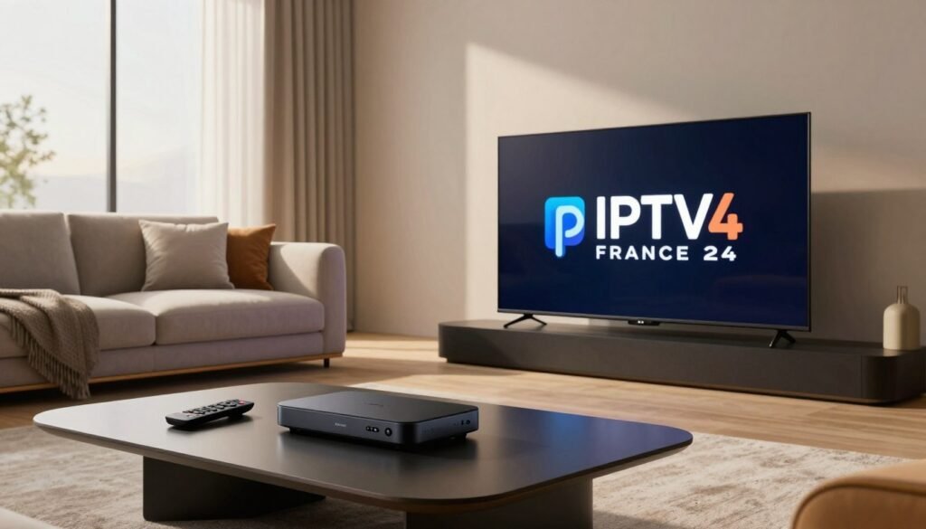 A futuristic living room setting, showcasing a sleek, modern TV displaying the logo "IPTV FRANCE 24" prominently. In the foreground, a stylish coffee table with a remote control and streaming device, evoking a high-end viewing experience. The middle ground features a plush sofa with a fashionable design, accentuated with elegant cushions, emphasizing comfort. In the background, a large window allows natural light to flood the room, creating a warm, inviting atmosphere. Soft shadows enhance the cozy feel, while the lens captures the scene from a slightly elevated angle, highlighting the premium technology. The overall mood is one of luxury and sophistication, perfect for the topic of high-end streaming platforms.