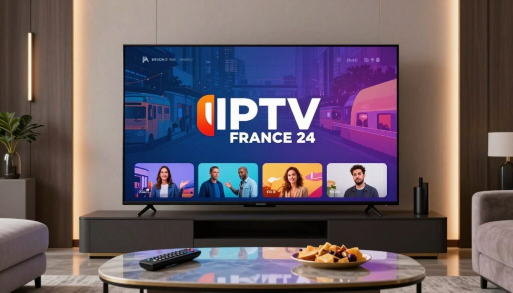 A high-end living room setting showcasing a large flat-screen TV displaying a vibrant and crystal-clear image of the "IPTV FRANCE 24" logo, symbolizing the excellence of streaming quality. In the foreground, an elegant coffee table with a remote control and snacks, hinting at a luxurious viewing experience. In the middle, the focus is on the TV, with detailed visuals of colorful scenes being streamed. The background features a modern interior design with soft lighting and plush seating. A subtle glow enhances the atmosphere, reflecting the comfort and stability of the streaming experience. The overall mood is inviting and sophisticated, emphasizing the premium quality and reliability of Xenon IPTV's service.