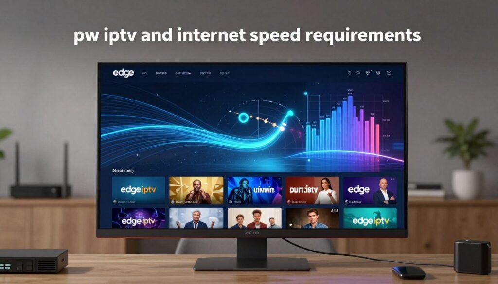 A high-tech digital illustration that visually represents "pw iptv and internet speed requirements". In the foreground, a sleek computer screen displays vibrant IPTV streaming content, showcasing a variety of channels. The middle layer features a dynamic graphic of internet speed measurements, depicted as flowing lines or bars, highlighting optimal speeds needed for seamless streaming. The background consists of a modern home entertainment setup, with subtle hints of advanced networking devices like a router and switch. Soft, diffused lighting creates a cozy yet professional atmosphere, emphasizing clarity and focus on the IPTv experience. The image embodies a balance of technology and comfort, resonating with the theme of optimal streaming quality, while incorporating the brand name "edge iptv".