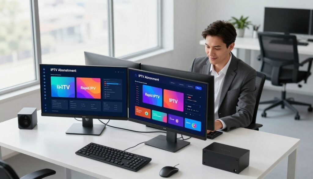 A high-tech digital workspace scene showcasing "IPTV Abonnement" and its performance technique with Rapid IPTV. In the foreground, a sleek modern workstation with dual monitors displaying vibrant streaming graphics related to IPTV services, surrounded by professional-looking gadgets. In the middle, a confident business professional in business attire analyzing data on the screens, highlighting the focus on technical performance. In the background, a minimalist office interior with large windows allowing natural light to flood in, creating a bright and optimistic atmosphere. The angle is slightly elevated as if taken from above, giving a panoramic view of the workspace. Soft, balanced lighting enhances the clarity and professionalism of the scene, emphasizing the innovation and quality of the IPTV experience.