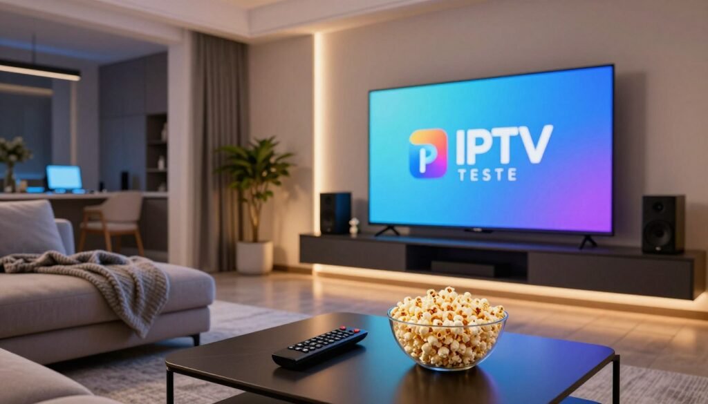 A high-tech living room with a sleek modern design, featuring a large flat-screen TV displaying the logo "IPTV TESTE". In the foreground, a stylish coffee table holds a remote control and a bowl of popcorn, symbolizing relaxation and entertainment. In the middle ground, a comfortable sofa is positioned with a cozy throw blanket, inviting viewers to enjoy their favorite shows. Soft ambient lighting illuminates the room, creating a warm, inviting atmosphere. In the background, a wall-mounted multimedia setup with decorative elements like speakers and plants enhances the tech-savvy environment. The angle is slightly low to emphasize the screen and its vibrant colors, showcasing the advanced technology of "rapid iptv" and its superior viewing experience, all depicted in a clear, focused manner.