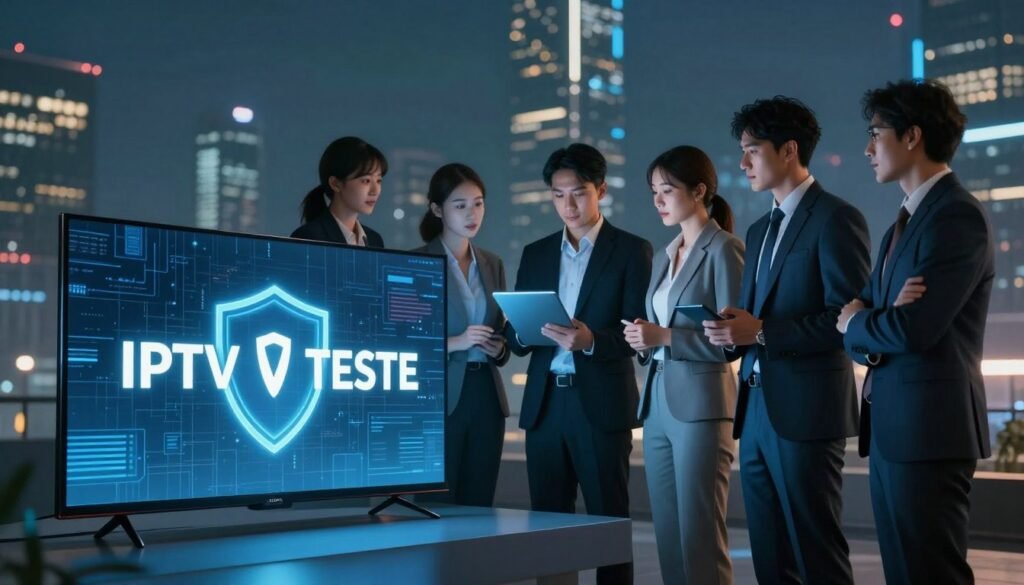 A highly detailed and professional illustration representing the theme "Security and Privacy of Your IPTV Subscription." The foreground features a sleek, modern TV displaying the logo "IPTV TESTE" with a glowing shield symbolizing security and protection. In the middle ground, a diverse group of individuals in business attire is gathered around a digital device, exchanging ideas about IPTV services with expressions of focus and assurance. The background showcases a futuristic city skyline illuminated by soft, ambient lighting, emphasizing a sense of safety and trust in a digital world. The overall mood should convey confidence and professionalism, with a cool color palette of blues and greens, creating a serene and secure atmosphere. The image should be captured from a slightly angled perspective to enhance depth and engagement.