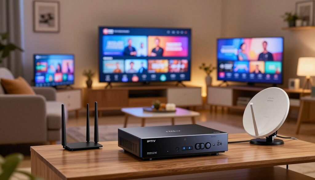 A modern IPTV reception setup prominently featuring a sleek IPTV receiver labeled "IPTV FRANCE 24" in the foreground. Include high-definition television screens displaying vibrant, streaming content, and essential components like a satellite dish and a Wi-Fi router in an organized layout, demonstrating an efficient home entertainment system. The middle ground should show a cozy living room environment with a stylish couch and decor to enhance the atmosphere of comfort and leisure. The background should be softly lit, evoking a relaxed evening ambiance, with warm lighting highlighting the hardware. Use a wide-angle perspective to capture the overall arrangement clearly, ensuring attention on the technology while maintaining a welcoming feel. The scene conveys reliability and modernity, symbolizing the importance of quality reception equipment in enjoying IPTV services.