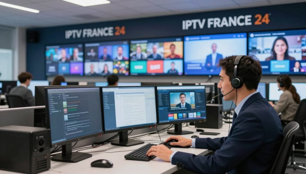 A modern customer support center for IPTV France, featuring a professional technician in business attire, assisting a client in front of multiple large screens displaying various TV channels. In the foreground, the technician is engaged with the client, who appears satisfied. The middle ground showcases an organized workspace with computers and high-tech equipment. The background features a row of monitors with "IPTV FRANCE 24" prominently displayed, showing vibrant television broadcasts. Soft, ambient lighting creates a welcoming atmosphere, emphasizing efficiency and professionalism. Use a slight low-angle perspective to enhance the modernity of the tech environment, capturing the essence of high-quality customer service and technical assistance.