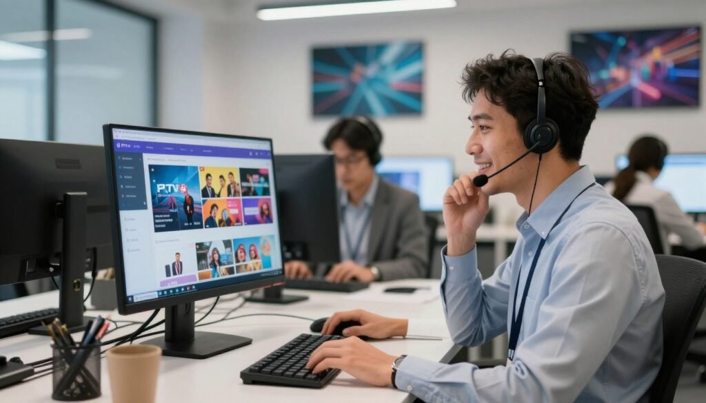 A modern customer support center for IPTV services, emphasizing "Support client king IPTV". In the foreground, a friendly support agent, dressed in professional attire, is engaged in a conversation with a client over a headset, showing attentiveness. In the middle ground, a sleek computer workstation displays the "IPTV FRANCE 24" interface on the screen, with colorful visuals reflecting various IPTV programs. The background features a contemporary office with soft, diffused lighting, dynamic wall art related to technology and entertainment, and additional support staff collaborating. The atmosphere is professional yet welcoming, conveying a sense of reliability and expertise in customer service, suitable for a dedicated technical support section. The image should be well-lit, showcasing a clean and organized workspace.