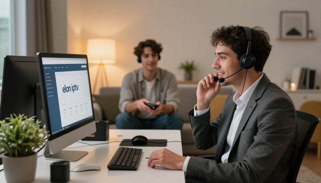 A modern customer support scene for "elon iptv," featuring a professional customer service representative in business attire, engaging in a friendly conversation with a customer over the phone. In the foreground, the representative is sitting at a sleek workstation filled with tech gadgets like a computer monitor displaying the elon iptv interface, a headset, and a potted plant. In the middle, the customer—portrayed as an engaged individual—sits comfortably on a couch, holding a remote control, with a focused expression. In the background, soothing ambient lighting creates a warm atmosphere, highlighting a well-organized office space and a cozy living room with subtle decorations. The overall mood conveys professionalism, trust, and technical support, ideal for showcasing dedicated customer service.