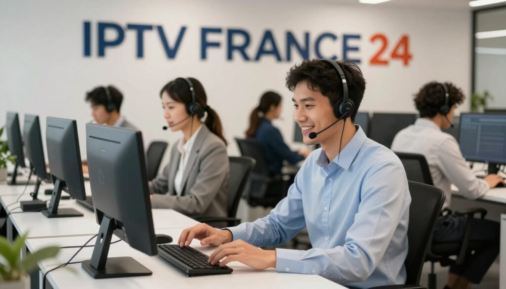 A modern customer support scene showcasing a professional support team for IPTV France. In the foreground, a friendly support agent with a headset sits at a sleek desk, smiling while engaging with a computer. He is dressed in smart business attire, promoting a sense of professionalism and reliability. The middle ground features a spacious, well-lit office with several other agents similarly focused on their work, providing a busy but organized atmosphere. The background showcases a wall adorned with the logo "IPTV FRANCE 24" prominently displayed, emphasizing the brand identity. Soft, bright lighting fills the room, casting a warm and inviting glow while creating a cheerful and responsive mood. The focus is on a collaborative environment with elements that evoke trust and support. No text or distractions present.