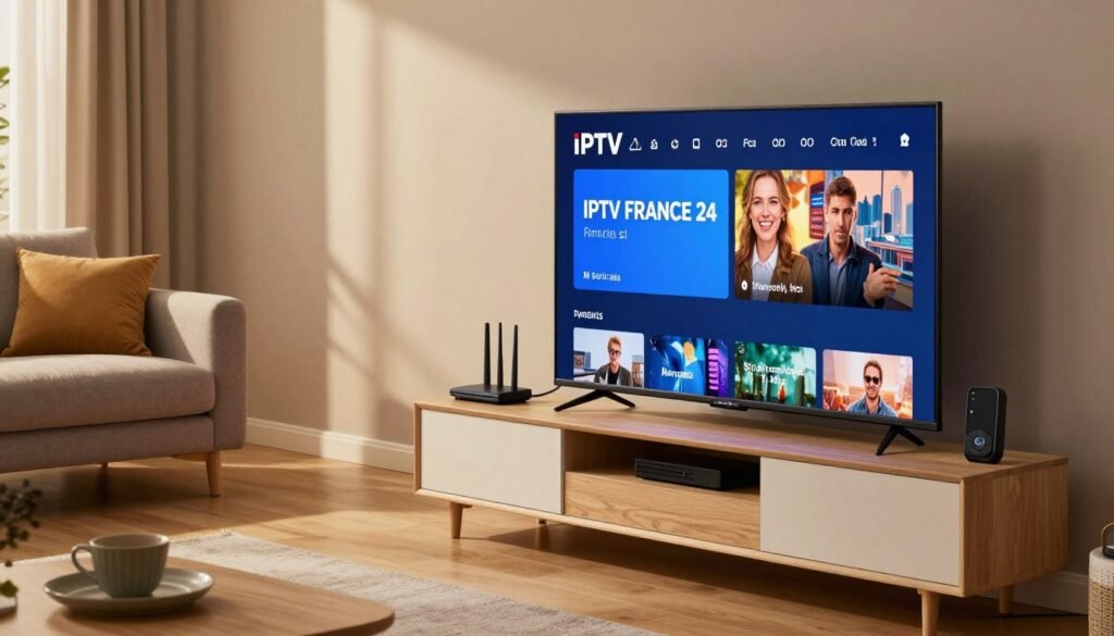 A modern home entertainment setup showcasing the optimal configuration for IPTV streaming in France. In the foreground, a sleek flat-screen TV displays a vibrant IPTV interface, branded "IPTV FRANCE 24." A cozy living room with a stylish sofa and organized media console serves as the middle layer, featuring a router and smart devices connected via cables. The background reveals soft ambient lighting, creating a warm, inviting atmosphere. The scene is captured from a slightly elevated angle, emphasizing the clarity of the screen and the arrangement of the room. The mood evokes relaxation and efficient technology use, perfect for illustrating the importance of a proper media setup.
