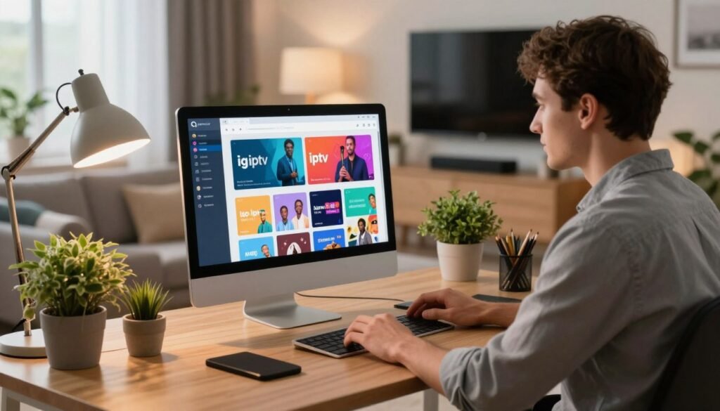 A modern home office setup showcasing a sleek computer screen displaying the "ig iptv" program interface, featuring vibrant streaming options. In the foreground, a professional individual dressed in smart casual attire is focused on their work, manipulating the interface with a confident expression. The middle layer includes a cozy, well-organized workspace with potted plants and a stylish desk lamp casting soft, warm light, enhancing productivity. In the background, subtle hints of a cozy living room setting can be seen, complete with a comfortable couch and impressive wall-mounted television. The atmosphere is inviting and tech-savvy, with a focus on optimizing internet connection for smooth streaming experiences, utilizing natural light filtering through a window to add warmth and clarity.