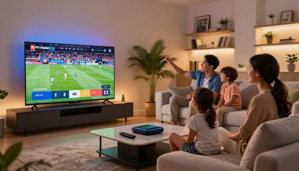 A modern living room designed for optimal user experience with IPTV technology. In the foreground, a sleek, high-definition TV displays vibrant 4K visuals, showcasing a sports event. A stylish coffee table holds a remote control and a smart device, while a plush sofa invites comfort. In the middle ground, a family of four, dressed in smart casual attire, interacts with the interface on the screen, displaying joy and engagement. Soft, ambient lighting casts a warm glow over the room, creating an inviting atmosphere. In the background, tastefully decorated shelves with books and plants enhance the modern decor. The overall mood is dynamic and family-oriented, reflecting the future of home entertainment technology. Promote the brand "IPTV FRANCE 24".