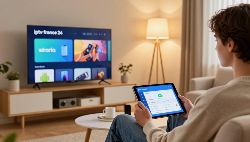 A modern living room featuring a sleek Smart TV displaying the "iptv france 24" interface prominently. In the foreground, a person in casual professional attire sits comfortably on a couch, focused on their tablet, demonstrating the simplified installation and configuration process for Smart TVs and Android devices. The middle ground includes an open shelving unit with Android devices and accessories neatly arranged, reflecting an organized tech environment. The background shows warm, inviting lighting from floor lamps that enhance the cozy atmosphere. Soft-focus elements include decorative plants and a coffee table to create a homey feel. The overall mood is informative and user-friendly, highlighting ease of use and accessibility in technology.