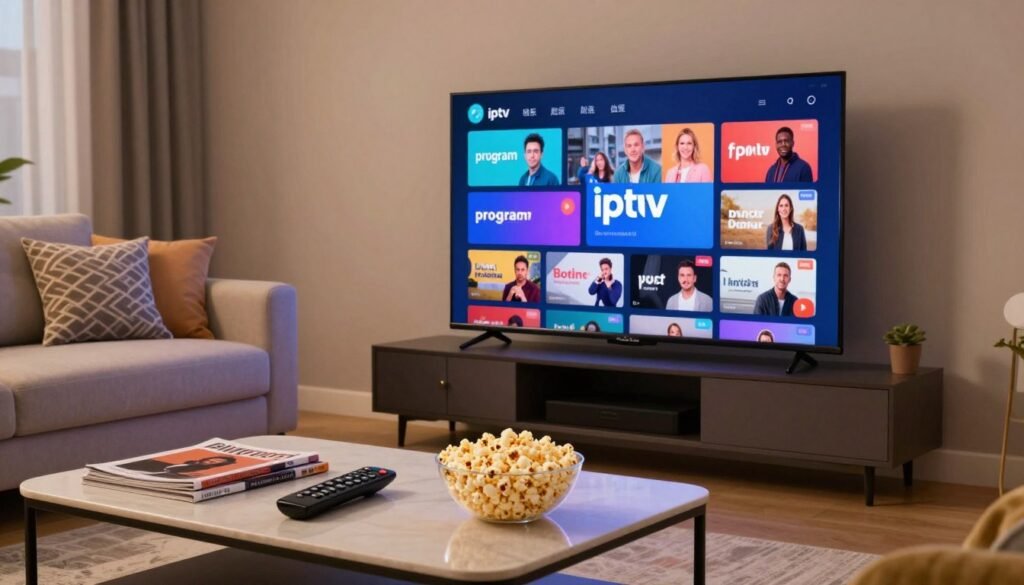 A modern living room interior featuring a sleek television displaying the logo of "program iptv" prominently on the screen, surrounded by an assortment of colorful channels and on-demand content images. In the foreground, an elegantly arranged coffee table holds a remote control, stylish magazines, and a bowl of popcorn, indicating a cozy viewing experience. The middle ground captures a comfortable sofa adorned with decorative pillows, positioned artfully to face the TV. The background is softly illuminated by ambient lighting, creating a warm and inviting atmosphere. The scene’s mood evokes relaxation and enjoyment, portraying a perfect home setting for exploring IPTV offerings. The overall angle is slightly elevated, focusing on the TV and surrounding elements, enhancing the sense of immersion in digital content.