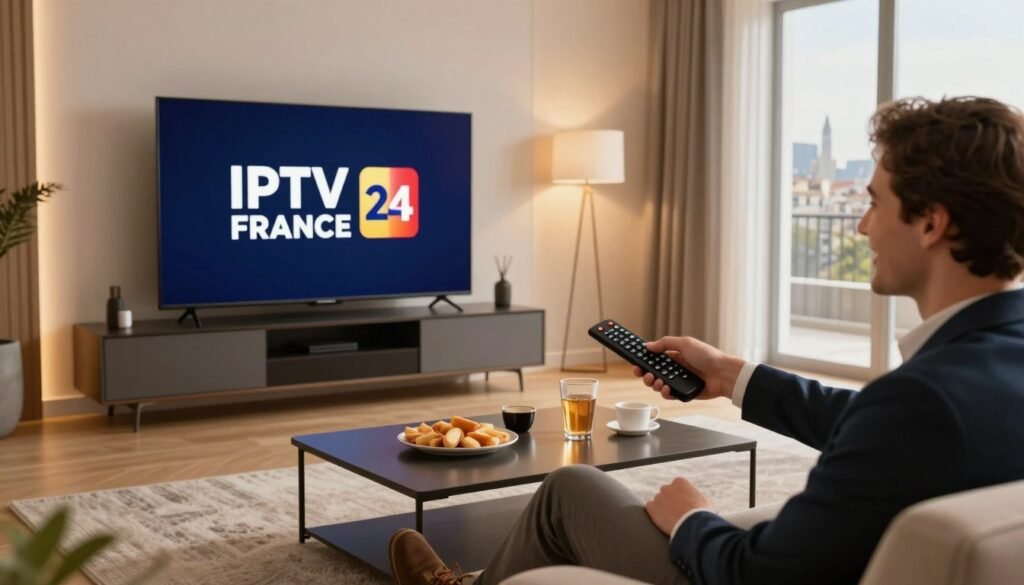 A modern living room scene featuring a sleek, contemporary TV setup displaying the logo "IPTV FRANCE 24" on screen. In the foreground, a well-dressed individual, wearing smart casual attire, is joyfully interacting with a remote control, illustrating the ease of use and quick activation of IPTV services. The middle ground showcases a stylish coffee table with snacks and drinks, emphasizing a relaxed entertainment atmosphere. The background includes a cozy couch, warm ambient lighting, and a large window with a view of a Parisian skyline, adding an elegant urban vibe. The overall mood is inviting and engaging, reflecting excitement about enjoying premium IPTV services in France. The lighting is soft and warm to create a welcoming environment.