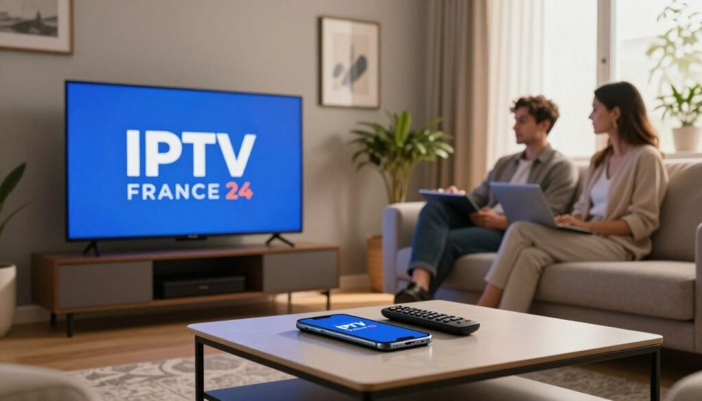A modern living room scene featuring a sleek, high-definition television displaying the logo "IPTV FRANCE 24". In the foreground, a stylish coffee table adorned with a smartphone and a remote control, symbolizing user interaction with IPTV services. In the middle, a comfortable sofa with two people, a man and a woman in professional attire, engaged in watching TV. The background showcases a neatly decorated wall with art and plants, along with a window letting in warm, natural light, creating an inviting atmosphere. The lighting is soft and warm, enhancing the cozy feel of the space. This image evokes a sense of convenience and enjoyment in accessing legal television alternatives in France.