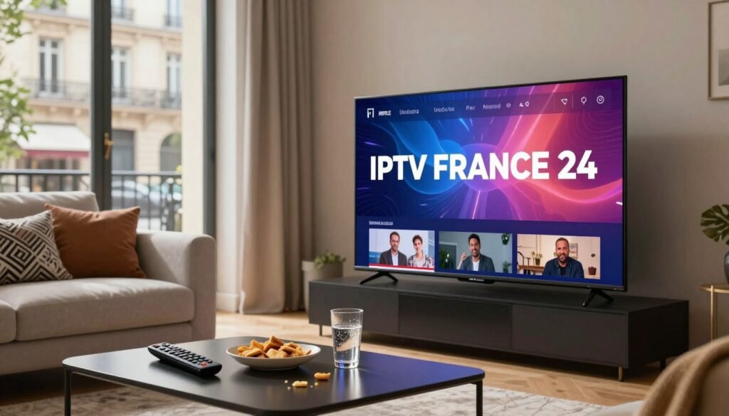 A modern living room scene showcasing a high-definition television displaying vibrant IPTV content from "IPTV FRANCE 24". In the foreground, a sleek coffee table holds a remote control, snacks, and a glass of sparkling water. The middle features a comfortable couch adorned with decorative cushions, inviting relaxation. In the background, large windows reveal a view of a sunny Parisian street, filtering soft natural light into the room, creating a warm and welcoming atmosphere. The focus is on the clear, stable streaming quality on the TV screen, emphasizing a seamless viewing experience. The mood is cozy and sophisticated, highlighting the premium nature of French IPTV services.