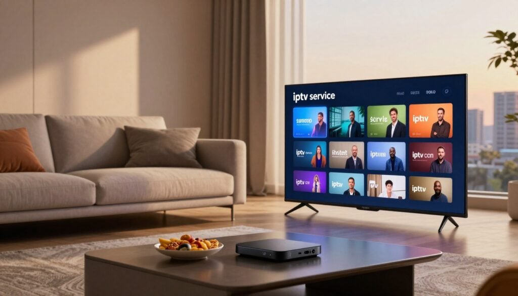 A modern living room scene showcasing an IPTV setup. In the foreground, a sleek SMART TV displays the "iptv service" interface with vibrant visuals of various streaming channels. A stylish coffee table with a streaming device remote and snacks is visible. In the middle ground, a comfortable sofa with neatly arranged cushions invites relaxation, while subtle ambient lighting creates a warm, inviting atmosphere. In the background, a window with soft natural light filters in, hinting at a panoramic view of a city skyline, showcasing the fast-paced lifestyle that IPTV caters to. The mood is relaxed yet tech-savvy, emphasizing the seamless experience of internet Protocol television streaming.