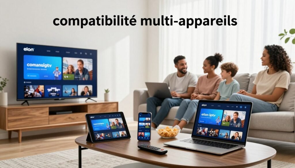 A modern living room scene showcasing "compatibilité multi-appareils" with various devices like a smart TV, tablet, smartphone, and laptop, all displaying the elon iptv interface. In the foreground, a sleek coffee table holds a remote control and snacks. In the middle, family members of diverse backgrounds are comfortably seated on a stylish couch, engaged and smiling while enjoying content from different devices. The background features a bright window, allowing soft natural light to illuminate the room, enhancing a cozy atmosphere. The overall mood is relaxed and inviting, emphasizing the seamless integration of multiple devices with the elon iptv service, showcasing flexibility and convenience in streaming.