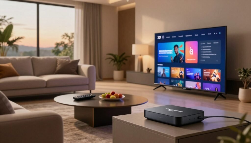 A modern living room set for an optimal IPTV experience in Senegal. In the foreground, a sleek smart TV displaying a vibrant interface, with a high-quality streaming box labeled "abonnement iptv" elegantly placed alongside. The middle ground features a stylish coffee table with a remote control and snacks, and a plush sofa inviting relaxation. The background includes soft lighting that creates a warm, inviting atmosphere with tall windows showing a serene outdoor view. The scene captures a sense of comfort and accessibility, emphasizing high-quality technology in a contemporary home setting. Use a wide-angle lens to enhance depth and perspective, ensuring the overall mood feels engaging and premium.