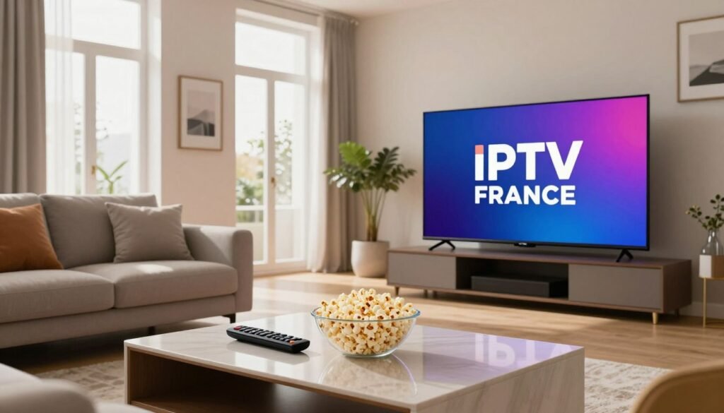 A modern living room setting featuring a large, sleek flat-screen TV displaying the "IPTV FRANCE" logo in a vibrant 4K resolution. In the foreground, a stylish coffee table is adorned with a remote control and a bowl of popcorn, evoking a cozy viewing experience. In the middle, a comfortable sofa with plush cushions invites viewers to sit and enjoy. The background showcases large windows with soft natural light flooding the room, creating a warm and inviting atmosphere. The walls are painted in a soft, neutral tone, while decorative plants and framed art add a touch of elegance. The scene captures the excitement of technical compatibility and advanced devices for streaming in France, conveying a mood of relaxation and entertainment.