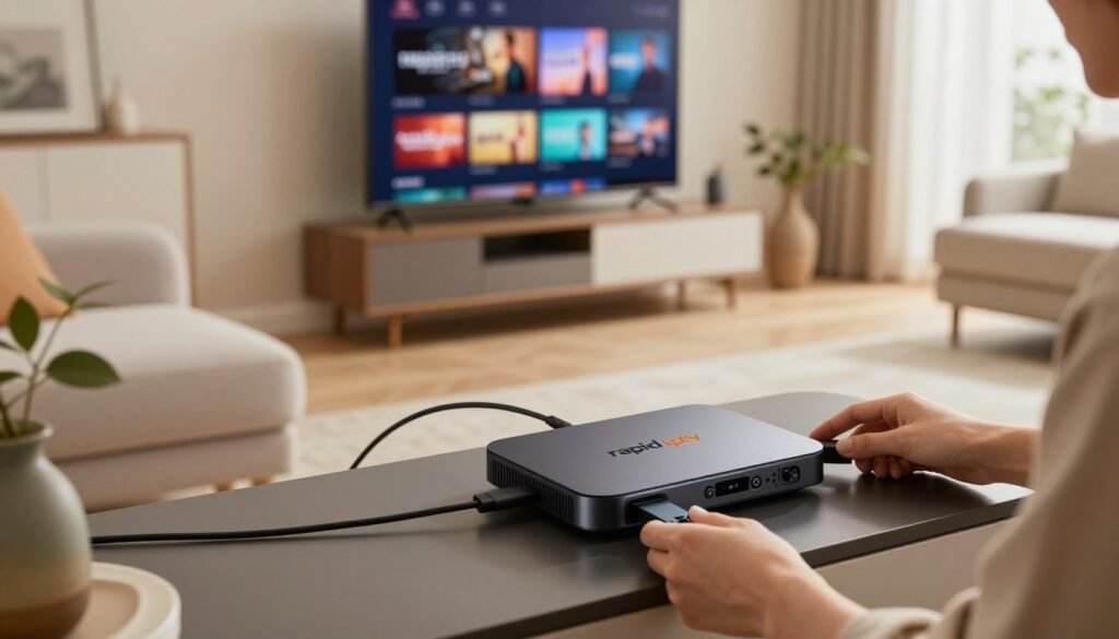 A modern living room setting featuring a sleek IPTV box with the brand name "rapid iptv" prominently displayed. In the foreground, a hands-on installation process is depicted, showing a user in smart casual attire connecting various cables and setting up the box on a stylish entertainment unit. In the middle ground, a large, high-definition television displays vibrant streaming content, showcasing the variety of channels available through the IPTV service. The background includes a cozy sofa and decorative elements that create a warm and inviting atmosphere. Soft, natural lighting filters in from a window, enhancing the color palette and reflecting a pleasant mood. The angle is slightly overhead, allowing for a clear view of the setup process without distractions.