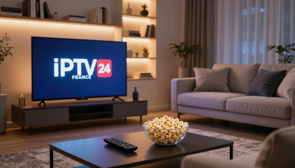 A modern living room setting featuring a sleek television displaying the logo "IPTV FRANCE 24" prominently on screen. In the foreground, a stylish coffee table holds a remote control and a bowl of popcorn, conveying a cozy viewing atmosphere. In the middle ground, a comfortable sofa with plush cushions invites relaxation, accented by soft, ambient lighting that enhances the inviting feel. The background showcases a well-lit bookshelf filled with books and decorative items, creating a sense of sophistication. The scene is captured from a slightly elevated angle, allowing for a wider perspective of the room. The mood is warm and inviting, perfect for a family movie night, illustrating the premium nature of the IPTV service.