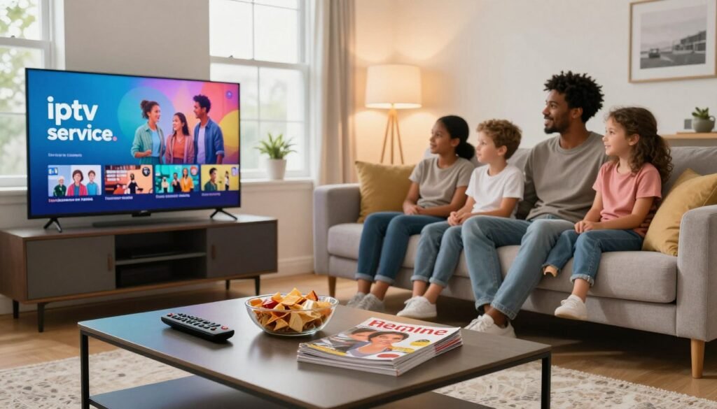 A modern living room setting featuring a sleek television displaying vibrant imagery of French-language programming, representing "iptv service." In the foreground, a stylish coffee table adorned with remote controls, snacks, and a stack of French magazines, introduces a cozy atmosphere. The middle section showcases a comfortable sofa with plush cushions, occupied by a diverse modern family dressed in casual, modest clothing, enjoying their IPTV experience together. In the background, large windows allow warm, natural light to fill the space, complemented by soft, ambient lighting from a floor lamp. The overall mood is inviting and engaging, emphasizing the joy of accessing bilingual entertainment at home in Quebec.