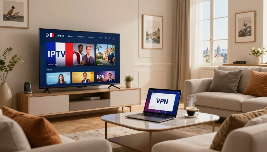A modern living room setting in the foreground, featuring a sleek flat-screen TV displaying vibrant IPTV content related to French television. A cozy couch adorned with plush cushions is positioned in front of the TV. In the middle ground, a stylish coffee table holds a laptop with a VPN app open, alongside a steaming cup of coffee, symbolizing the ease of accessing IPTV securely. The background reveals a well-lit room with tasteful decor, including French art on the walls and a window showcasing a view of the Paris skyline, subtly integrating the French theme. The lighting is warm and inviting, creating a comfortable atmosphere that emphasizes the security and convenience of using a VPN for IPTV access.