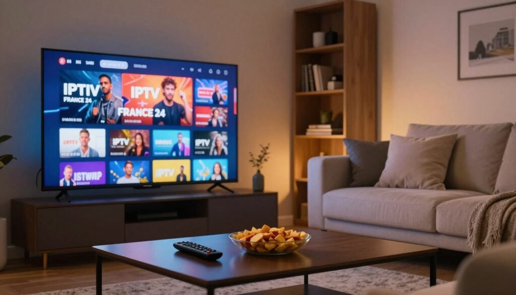 A modern living room setting showcasing a high-definition television displaying vibrant, high-quality streaming content, with the text "IPTV FRANCE 24" subtly integrated into the screen's graphics. In the foreground, a sleek coffee table holds a remote and snacks, setting a casual viewing mood. The middle ground features a comfortable sofa adorned with plush pillows, inviting relaxation. Background elements include a stylish bookshelf and soft, warm ambient lighting illuminating the space, casting gentle shadows. The atmosphere is cozy and inviting, perfect for enjoying quality IPTV services. The scene should be captured in a 4K resolution, ensuring crisp details and a vibrant color palette that highlights the richness of the streaming quality and the importance of high internet speed.