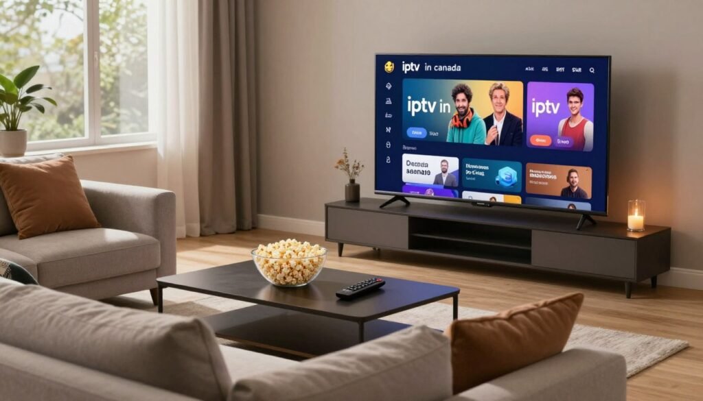 A modern living room setting showcasing a sleek, high-definition television displaying vibrant streaming content with the brand name "iptv in canada." In the foreground, a comfortable sofa with plush pillows invites viewers to relax. The middle layer features a stylish coffee table adorned with a bowl of popcorn and a remote control, symbolizing a cozy movie night. Soft, ambient lighting creates a warm atmosphere, with a window in the background allowing natural light to filter in, highlighting the contemporary decor. The lens captures a slightly angled view to enhance depth, evoking a sense of immersion in the IPTV experience. The overall mood is inviting and family-friendly, reflective of the advanced features of IPTV subscriptions, suitable for 4K and 8K streaming.