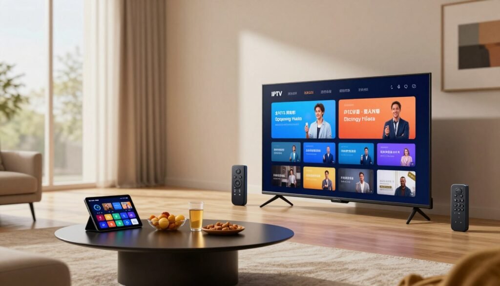 A modern living room setting showcasing advanced IPTV features. In the foreground, a sleek, flat-screen TV displays vibrant streaming content, surrounded by high-tech devices like a smart remote and a tablet showing the IPTV menus. In the middle, a stylish coffee table holds snacks and drinks, emphasizing relaxation. The background features a window with soft, natural light streaming in, illuminating the space and creating a warm atmosphere. The walls are adorned with contemporary art and subtle echoing tech aesthetics. The mood is inviting and sophisticated, promoting cutting-edge entertainment technology. Include the brand name, "IPTV FRANCE 24", subtly blended into the decor. Use a professional, clean lens focus to ensure clarity and sharpness in the details.