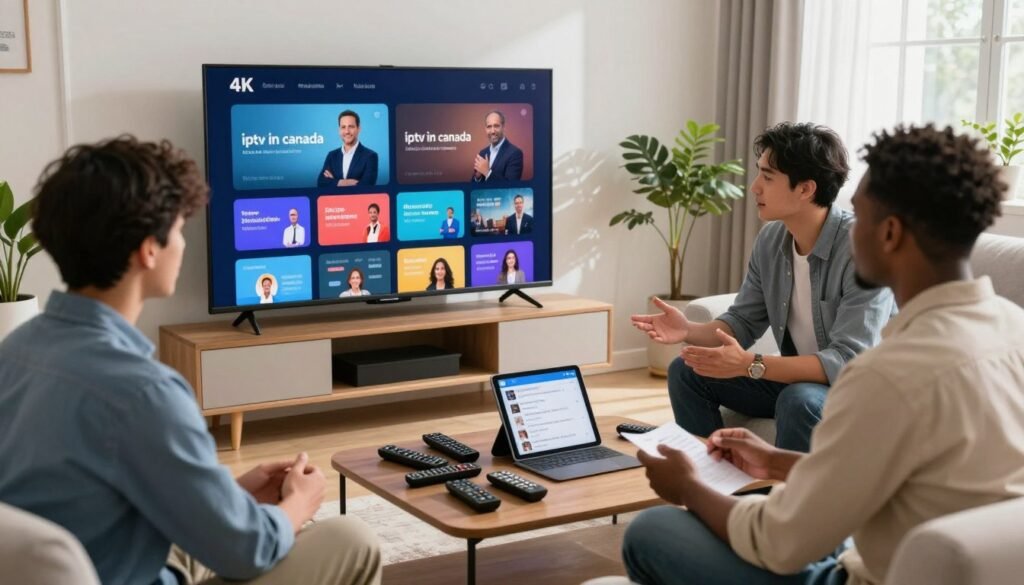 A modern living room setting with a sleek, large 4K television displaying vibrant streaming options for "iptv in canada​." In the foreground, a diverse group of three professionals—two men and one woman—are engaged in a discussion, all dressed in business casual attire. The middle ground shows a coffee table cluttered with remote controls and a tablet displaying customer service chats, symbolizing reliability and support. Natural light streams in through a window, creating a warm and inviting atmosphere. The background features a cozy sofa and a few plants, enhancing the comfort of the home environment. The composition captures a sense of professionalism and the user-friendly nature of IPTV services, highlighting customer satisfaction and support.