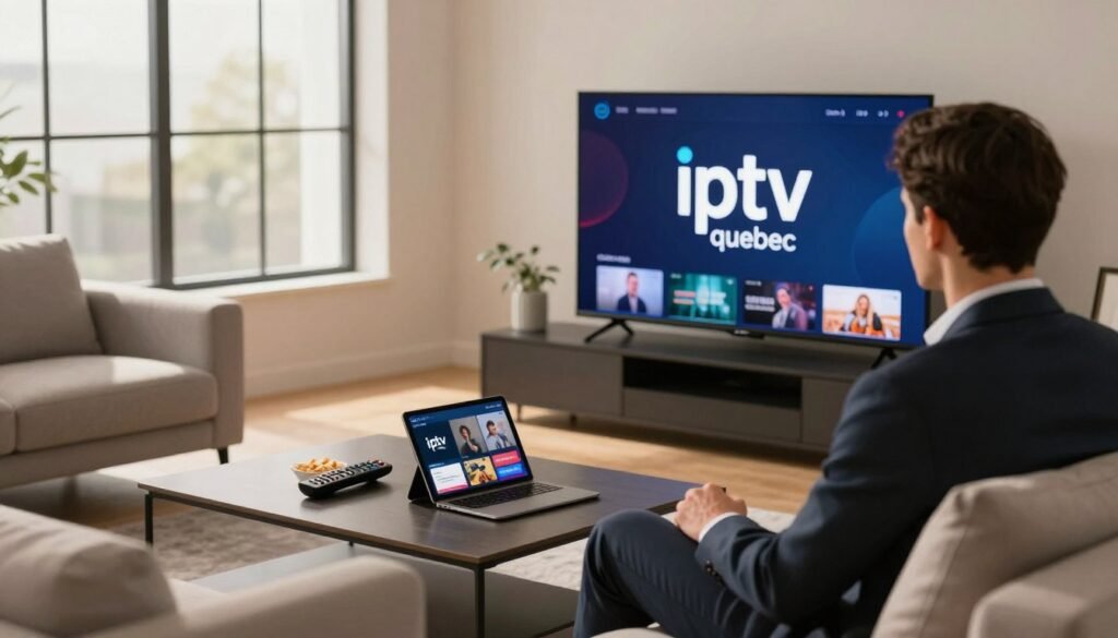 A modern living room setting with a sleek television displaying the logo "iptv quebec" prominently on the screen. In the foreground, a professional-looking individual, dressed in business attire, is seated on a stylish couch, engrossed in selecting streaming content. The middle ground features a coffee table with remote controls, snacks, and a tablet showcasing streaming options. The background consists of large windows allowing warm, soft lighting to illuminate the room, creating a cozy and inviting atmosphere. The overall mood is one of relaxation and convenience, emphasizing the reliability and enjoyment of IPTV services for Canadian viewers. The image captures the essence of home entertainment in Quebec, underlining the comparison of IPTV providers.