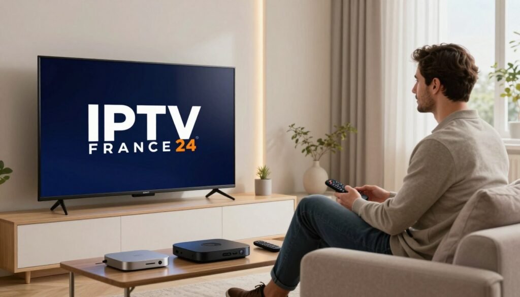 A modern living room showcasing a sleek, high-tech entertainment setup. In the foreground, a stylish smart television displays the logo "IPTV FRANCE 24," symbolizing high-quality viewing. Surrounding the TV are various streaming devices and remote controls, indicating optimization of connectivity. In the middle ground, a professional individual, dressed in business casual attire, is seated comfortably on a plush couch, focused on the screen with a content expression. The background features a well-lit room with contemporary decor, soft ambient lighting creating a warm atmosphere. The overall mood conveys stability and satisfaction, emphasizing the service quality of France IPTV, with a bright and inviting color palette that reflects a positive entertainment experience.