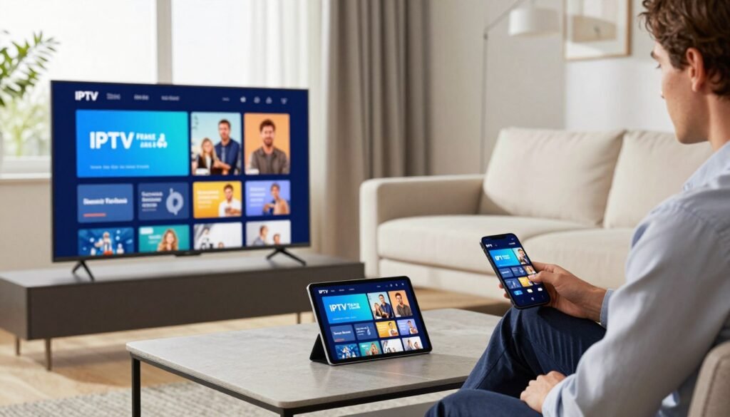 A modern living room showcasing various devices compatible with IPTV France solutions. In the foreground, a sleek smart TV displays a vibrant IPTV interface, while a tablet and smartphone rest on a stylish coffee table, both showing similar content. In the middle ground, a comfortable sofa invites relaxation, with a person in professional business attire casually browsing IPTV options on the tablet. The background features a window with soft, natural light streaming in, illuminating the room’s contemporary décor. The atmosphere is inviting and tech-savvy, perfect for highlighting the compatibility of devices. Include the logo "IPTV FRANCE 24" subtly integrated into the scene. The overall composition should be bright and engaging, capturing the essence of modern entertainment technology.