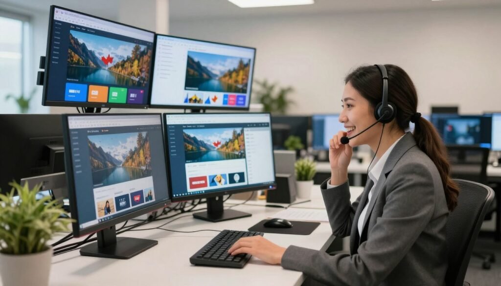 A modern office environment focused on customer support for IPTV services. In the foreground, a friendly customer service representative, dressed in professional attire, is engaged in a conversation on a headset, smiling while looking at a computer screen displaying IPTV running smoothly. In the middle, multiple screens show various streaming options and technical support interfaces, along with visuals of Canadian landscapes subtly integrated as part of the user interface. The background features a well-organized workspace, with a few potted plants and soft lighting creating a warm atmosphere. The overall mood is one of reliability and professionalism, evoking trust in the service. "iptv quebec​" branding is subtly placed on the representative's computer screen. The scene is brightly lit, captured with a slightly wide-angle view to emphasize the busy yet harmonious workspace.