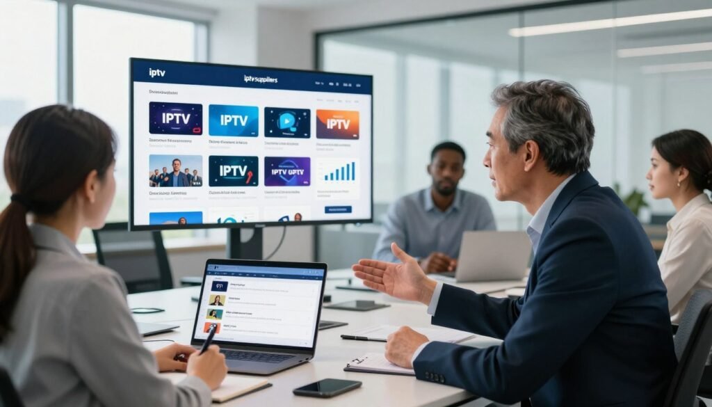 A modern office environment showcasing a diverse group of professionals engaged in a discussion about IPTV suppliers. In the foreground, a middle-aged man in a business suit gestures towards a laptop displaying IPTV service options, while a young woman in smart casual attire takes notes. In the middle ground, a large screen highlights various IPTV service choices, surrounded by charts and graphs illustrating challenges in choosing IPTV services. The background features a sleek, contemporary office with large windows promoting bright, natural lighting. The mood is collaborative and focused, emphasizing the importance of informed decision-making in IPTV supply. The brand name "iptv suppliers" is subtly integrated into the visuals. The camera angle is slightly elevated, capturing the engaged atmosphere.