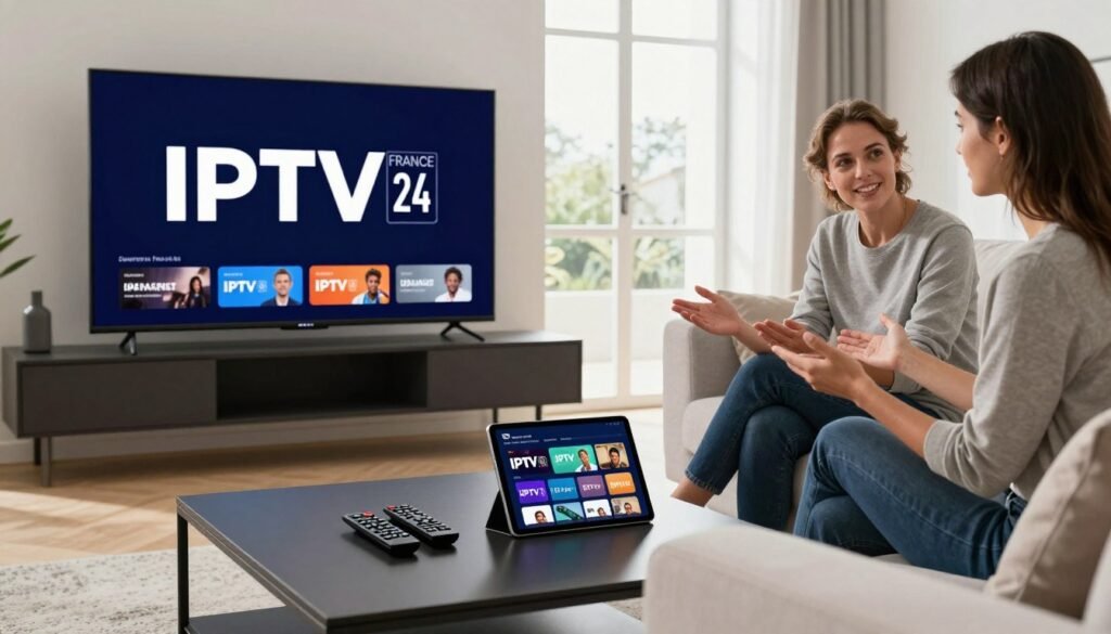 A modern, sleek living room scene featuring a large, high-definition television displaying the logo "IPTV FRANCE 24." In the foreground, a stylish coffee table holds remote controls and a tablet showing various IPTV service options. In the middle, a comfortable sofa with cushions invites relaxation, while a couple dressed in smart casual attire discuss and evaluate different IPTV subscriptions on the tablet. The background features a large window with soft, natural light streaming in, brightening the room and creating an inviting atmosphere. Emphasize a sense of comparison and decision-making, capturing the mood of thoughtful analysis on premium IPTV services in France. Use a wide-angle lens to enhance the spaciousness of the room.