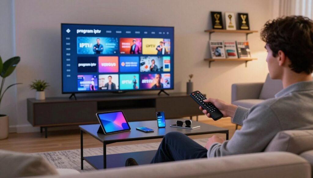 A modern, stylish living room setting is the focal point, with a sleek television displaying an assortment of vibrant IPTV channel options from "program iptv". In the foreground, a professional-looking person, dressed in smart casual attire, is seated comfortably on a contemporary sofa, intently using a remote control. The middle ground features a stylish coffee table scattered with digital gadgets—like a tablet and smartphone—implying multitasking with IPTV content. Soft, ambient lighting fills the room, creating a cozy yet tech-savvy atmosphere. In the background, a wall-mounted shelf displays awards and tech magazines, hinting at expertise in the IPTV field. The overall mood is focused and informative, suitable for illustrating an article about conducting effective IPTV tests prior to subscription decisions.