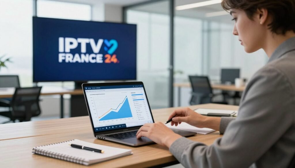 A professional business setting featuring a modern office with sleek furniture, a large screen displaying the logo "IPTV FRANCE 24," and a stylish laptop opened on a wooden desk. In the foreground, a confident businessperson dressed in smart casual attire is attentively typing notes, analyzing IPTV information on a digital device. The middle ground showcases a vibrant chart illustrating growth in IPTV subscriptions, surrounded by documents and a notepad filled with insightful observations. The backdrop features large windows letting in natural light, creating a bright and optimistic atmosphere. The overall mood is one of professionalism and diligence, reflecting the importance of verifying IPTV providers' legitimacy. Capture this scene with a shallow depth of field to emphasize the foreground subject, using soft, warm lighting to evoke an inviting ambiance.