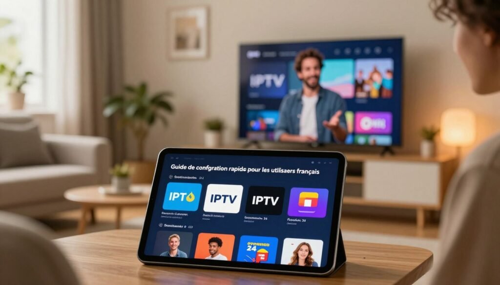 A professional, modern guide layout showcasing "Guide de configuration rapide pour les utilisateurs français". In the foreground, a sleek tablet displays vibrant icons representing various streaming applications with a focus on IPTV FRANCE 24. The middle layer features a knowledgeable individual in smart casual attire demonstrating setup steps, with a friendly expression. In the background, a cozy living room with a TV prominently showing the IPTV interface, bathed in warm, inviting lighting. The scene is set during the day with soft natural light from a nearby window, creating an atmosphere of ease and clarity, ideal for users to feel comfortable with technology. The composition conveys an informative and accessible guide to onboarding French users with the streaming platform.
