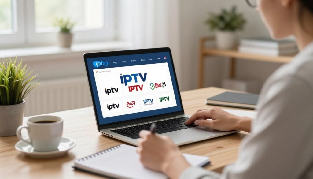 A serene home office environment depicting a person in professional attire, carefully examining IPTV service options on a laptop. In the foreground, the laptop screen displays various IPTV logos, including "iptv france 24," while the person takes notes on a notepad. The middle area features a cozy desk with decorative plants and a cup of coffee, reflecting a calm, focused atmosphere. The background shows a well-lit room with soft, natural light streaming through a window, enhancing the clarity of the scene. This imagery radiates a sense of diligence and discernment, illustrating tips for avoiding low-quality IPTV services. The overall mood is professional and informative, conveying the importance of making informed decisions in IPTV subscriptions.