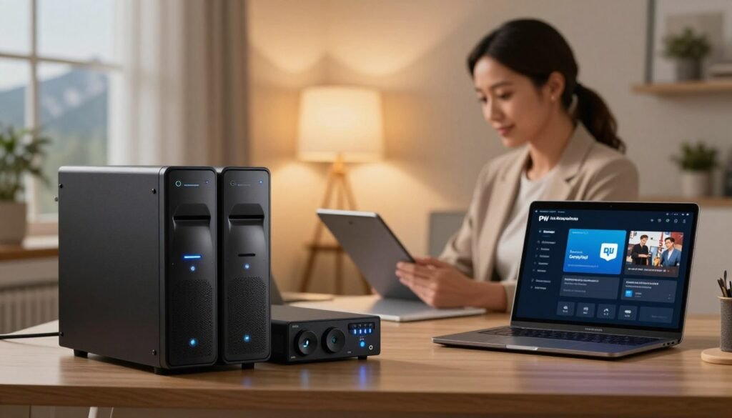 A sleek and modern IPTV server setup in a cozy home office, emphasizing security and privacy. In the foreground, show a sophisticated server device with glowing indicators, symbolizing robust technology, beside a laptop displaying secure streaming options. In the middle ground, include a well-dressed professional woman, wearing smart casual attire, attentively reviewing security protocols on a tablet. The background should feature a softly lit room with subtle hints of Canadian landscapes visible through a window, enhancing the atmosphere of comfort and safety. Use warm lighting to create an inviting mood, showcasing the importance of security for Canadian users of PW IPTV, focusing on privacy concerns in an elegant and professional environment.